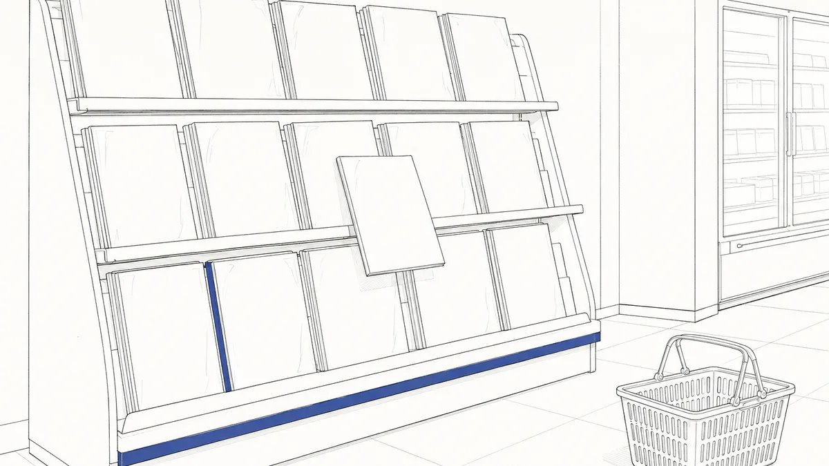 Pen-and-ink drawing of a Japanese convenience-store magazine rack seen from the aisle: rows of glossy magazines with blank covers standing in a slanted shelf, one copy pulled halfway out, an empty basket on the floor, no people and no readable text.