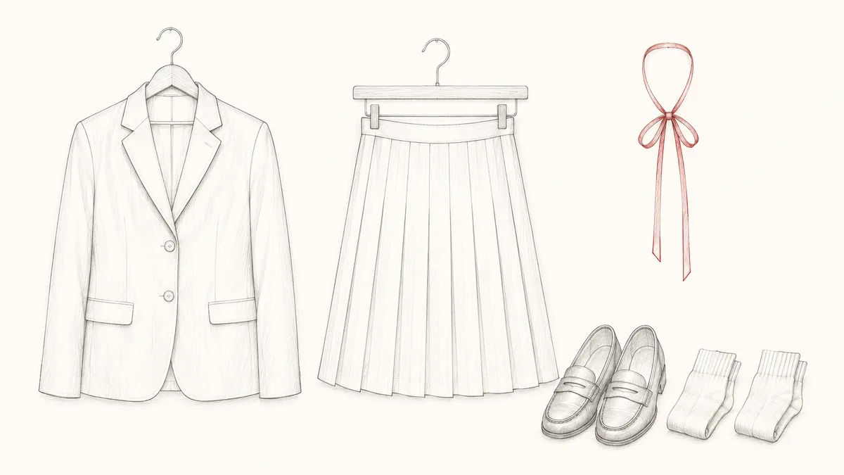 ハンガーに掛かった学生服のブレザーとプリーツスカート、リボンタイ、ローファーと靴下を線画で描いたイメージ