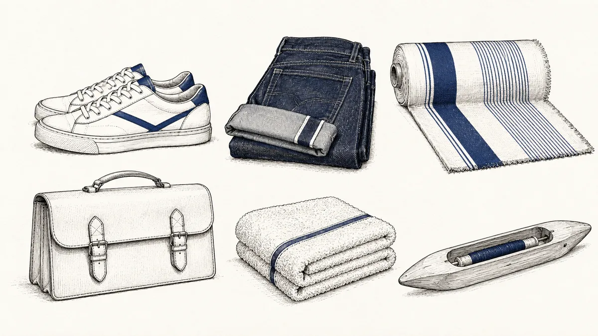 Pen-and-ink drawing of six objects laid out on a table: a low sneaker, a folded pair of selvedge jeans, a part-unrolled bolt of striped woven cloth, a stiff leather satchel, a folded towel and a wooden weaving shuttle.